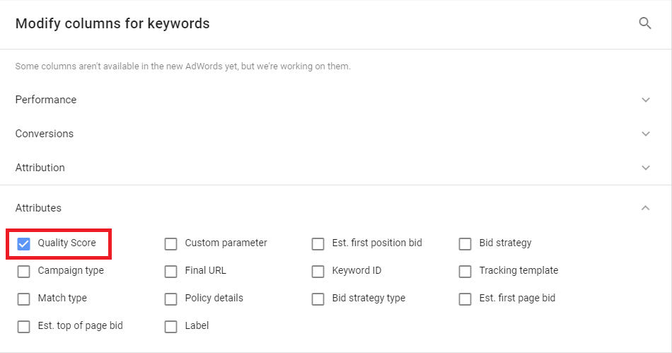 Add Quality Score column to your AdWords view